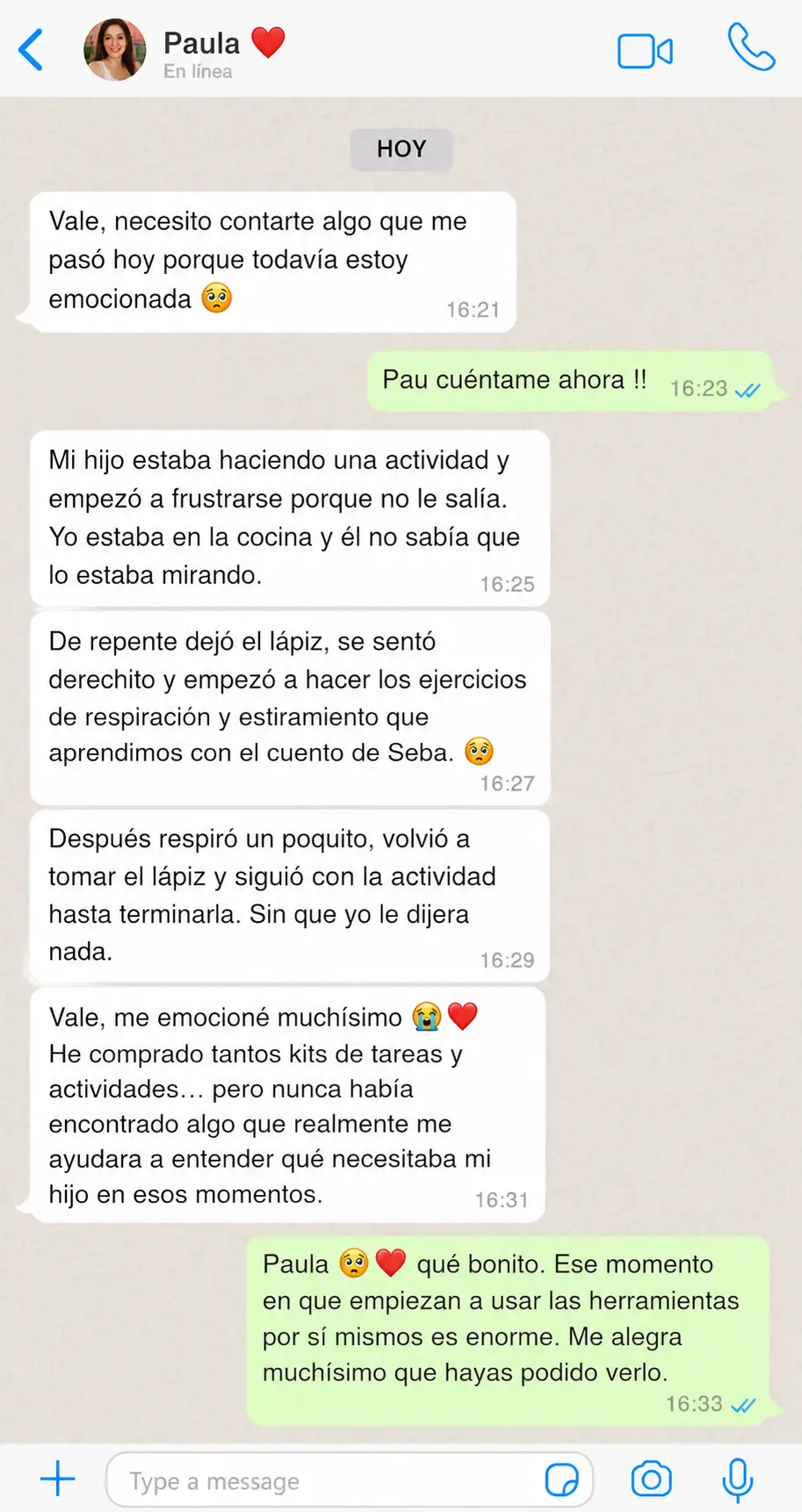 Testimonio real de Paula, madre PequeMente, conversación de WhatsApp