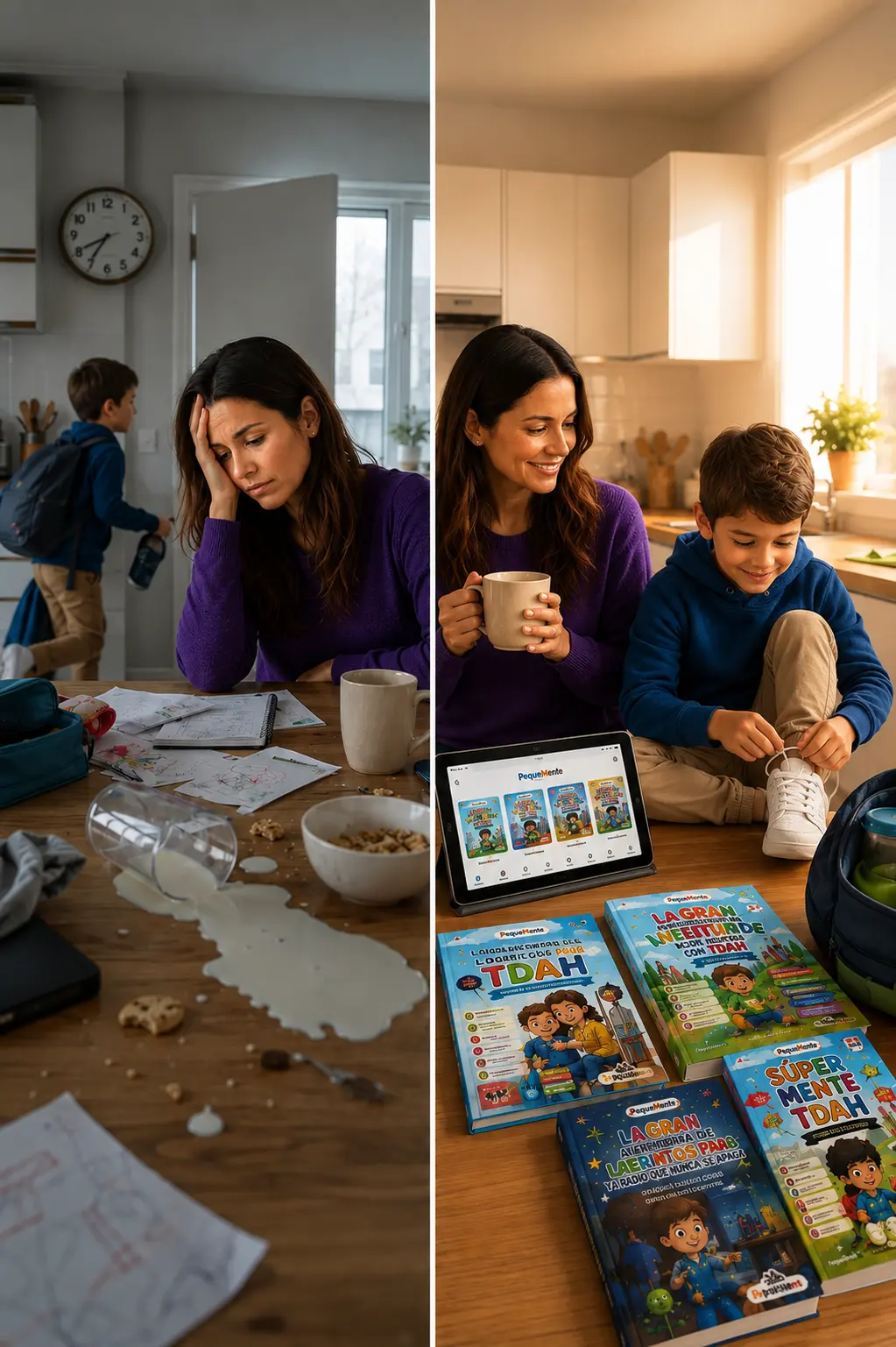 Comparación emocional: mamá agotada vs mamá tranquila con su hijo usando el Sistema PequeMente